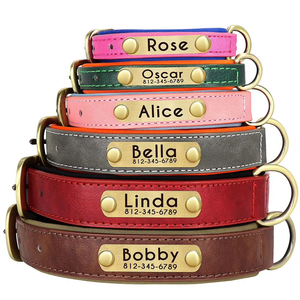 Coleira Personalizada em Pele PU para Cães – Com Placa Gravada Gratuita / Personalized PU Leather Dog Collar – Free Engraved Nameplate