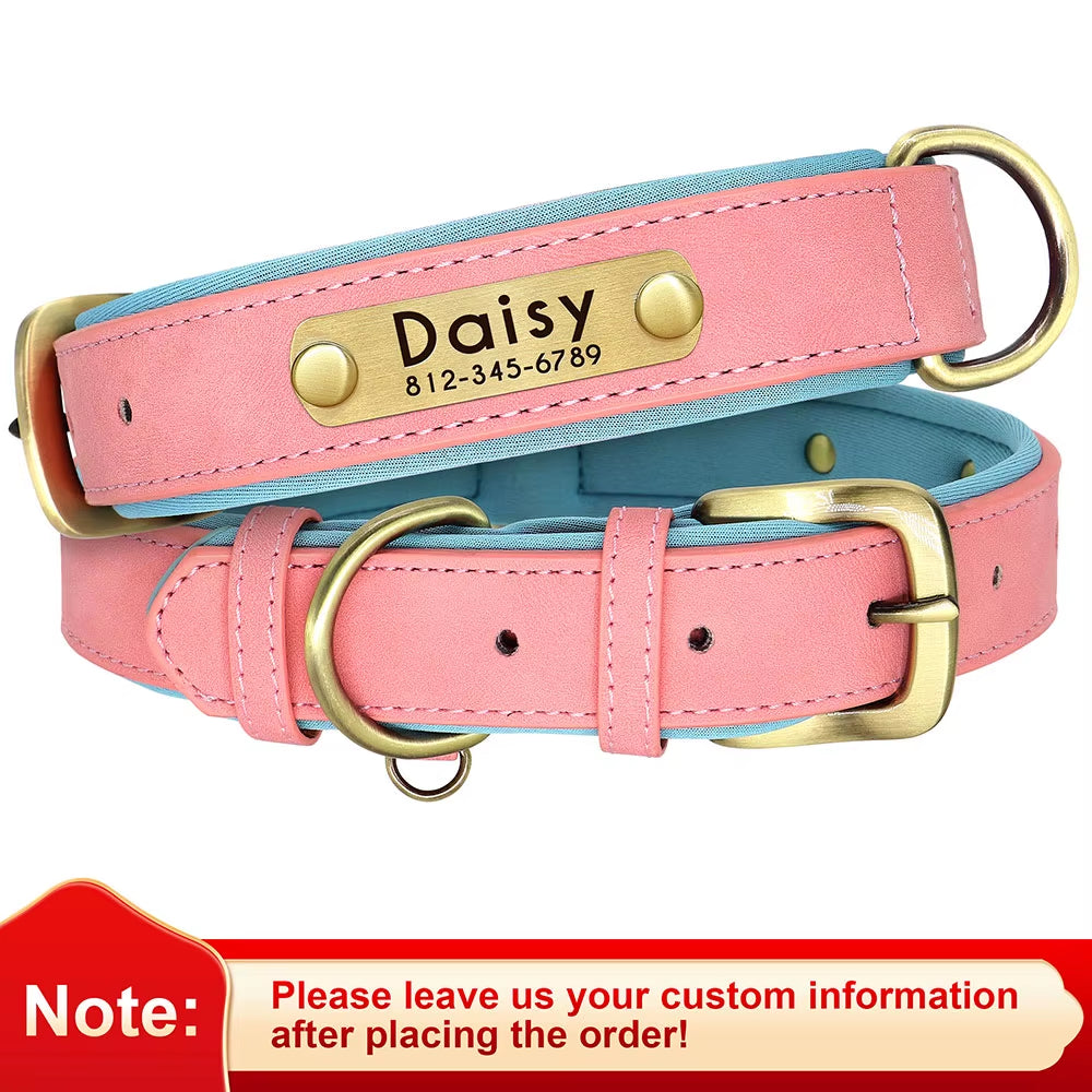 Coleira Personalizada em Pele PU para Cães – Com Placa Gravada Gratuita / Personalized PU Leather Dog Collar – Free Engraved Nameplate