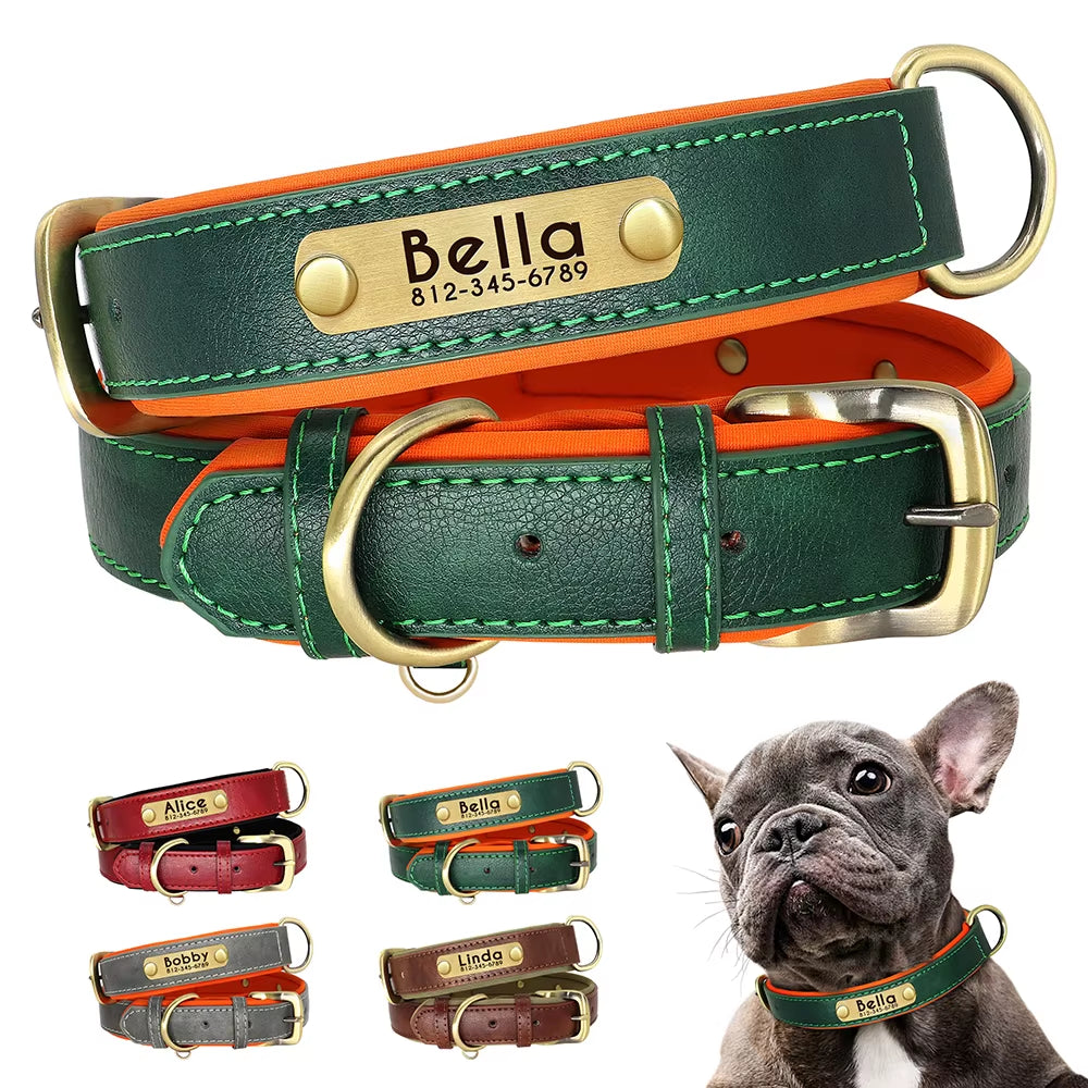 Coleira Personalizada em Pele PU para Cães – Com Placa Gravada Gratuita / Personalized PU Leather Dog Collar – Free Engraved Nameplate